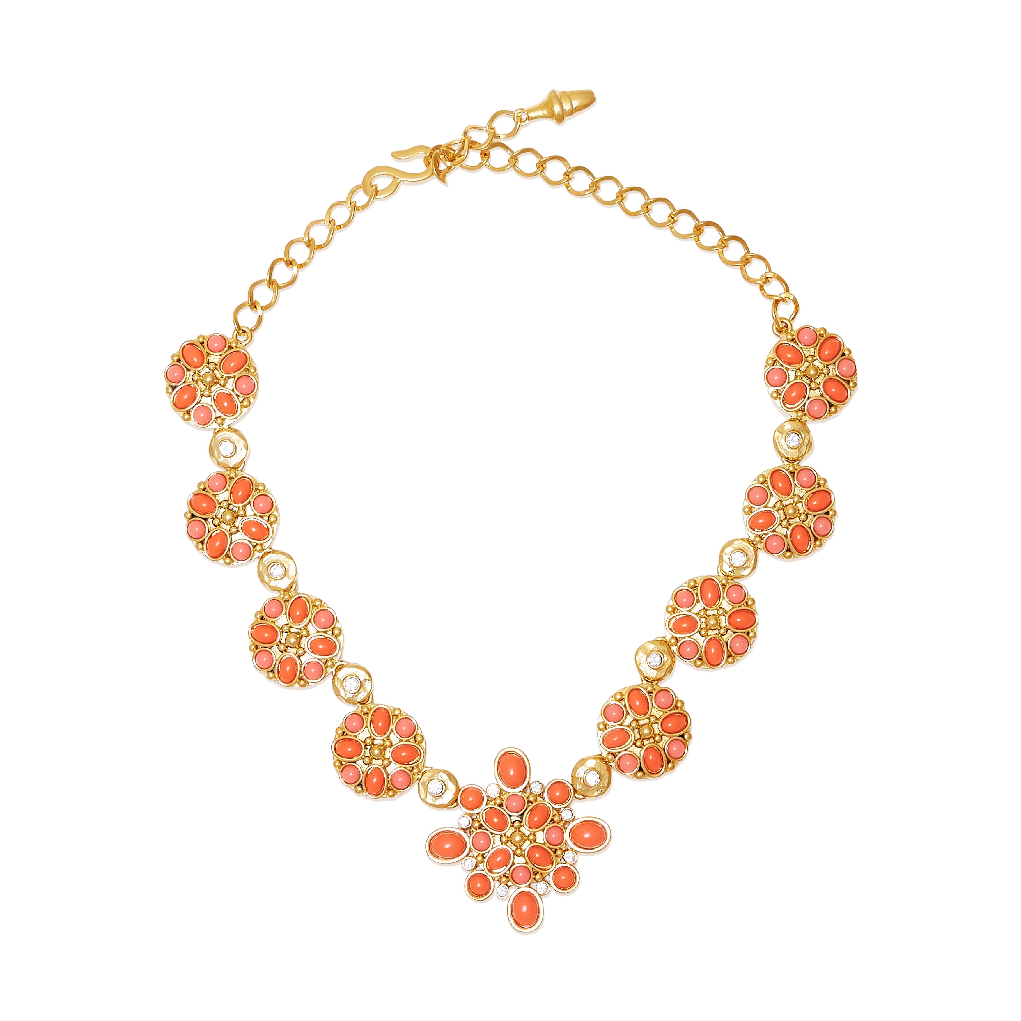 Coral Rhinestone Gold Chain Necklace