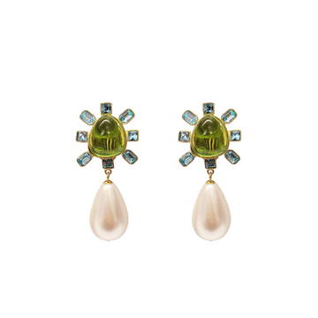 Aqua and Peridot Pearl Drop Clip-On Earrings