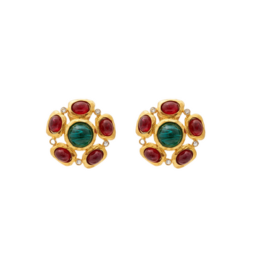 Ruby and Emerald Cabochon Clip Earrings