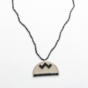 Vintage Jet Bead Necklace With Crystal & Black Half Circle Pendant